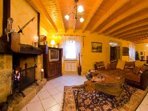 Salon with stone fireplace